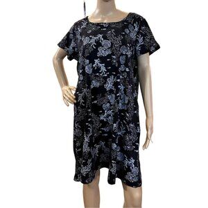 Vintage 90s Navy Blue Cotton Shift Dress Oceanic Print, Made in USA